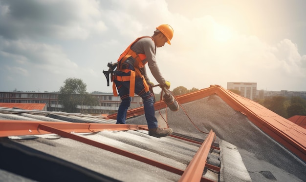 Lavoratore in cintura di sicurezza che lavora sul cantiere del tetto Creazione utilizzando strumenti di intelligenza artificiale generativa