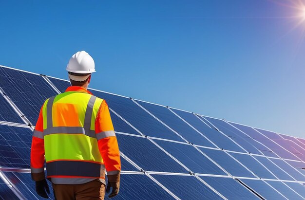 lavoratore in piedi nel campo solare con i pannelli solari