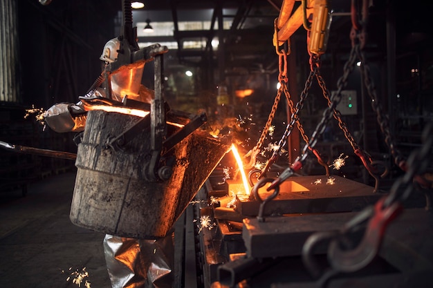 Lavoratore in tuta di protezione versando ferro fuso liquido in fonderia.