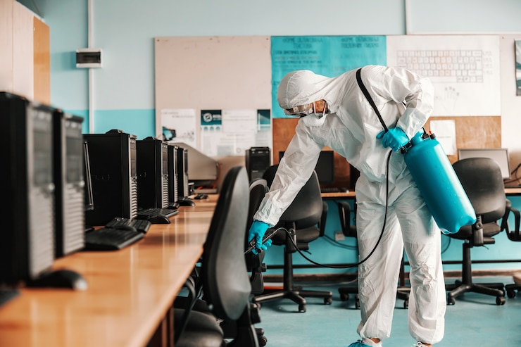 Foto lavoratore in uniforme bianca sterile, con guanti di gomma e maschera sulla tenuta dello spruzzatore con armadietto informatico disinfettante e sterilizzante a scuola.
