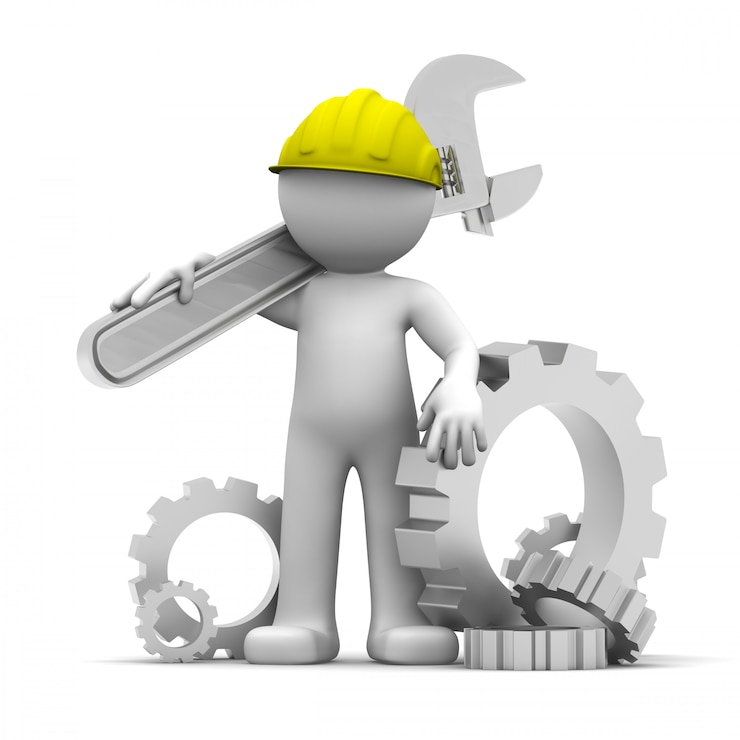 Foto lavoratore industriale 3d con chiave inglese e ingranaggi.