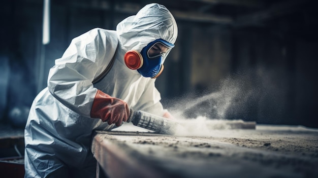 lavoratore industriale che maneggia l'amianto senza attrezzature di protezione che simboleggiano l'occupazione