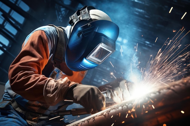 Lavoratore industriale che salda strutture in acciaio in una fabbrica