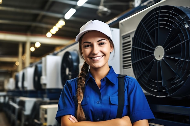 Lavoratore industriale della donna di Labor Day nell'installatore del condizionatore d'aria del casco