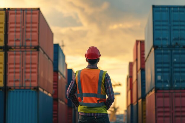 Lavoratore ingegnere sicuro sullo sfondo del cantiere container