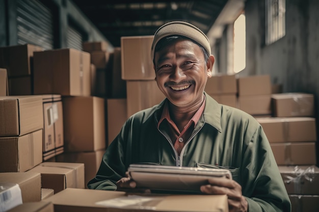 Lavoratore maschio asiatico sorridente che utilizza il tablet in magazzino Si tratta di un magazzino di trasporto e distribuzione merci Concetto di lavoratori industriali e industriali IA generativa