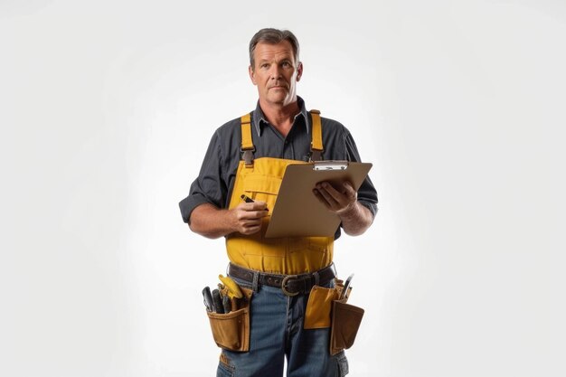 Lavoratore maschio maturo con cintura per attrezzi e clipboard