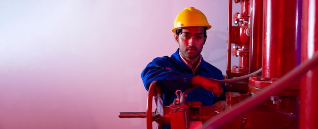 Lavoratore meccanico dell'ingegnere asiatico professionista che indossa il casco e l'uniforme dell'elmetto protettivo di sicurezza che lavorano nell'officina del magazzino della fabbrica