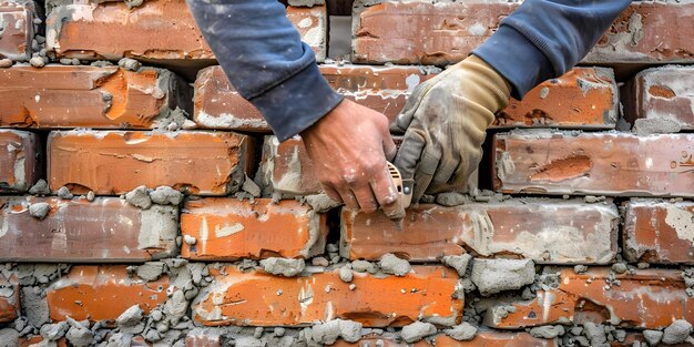 Lavoratore muratore che installa muratura di mattoni sullo sfondo della parete esterna Ai Generato