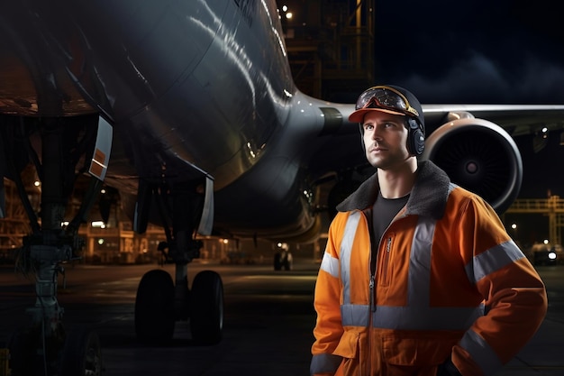 Lavoratore notturno in piedi dietro l'aereo a reazione IA generativa