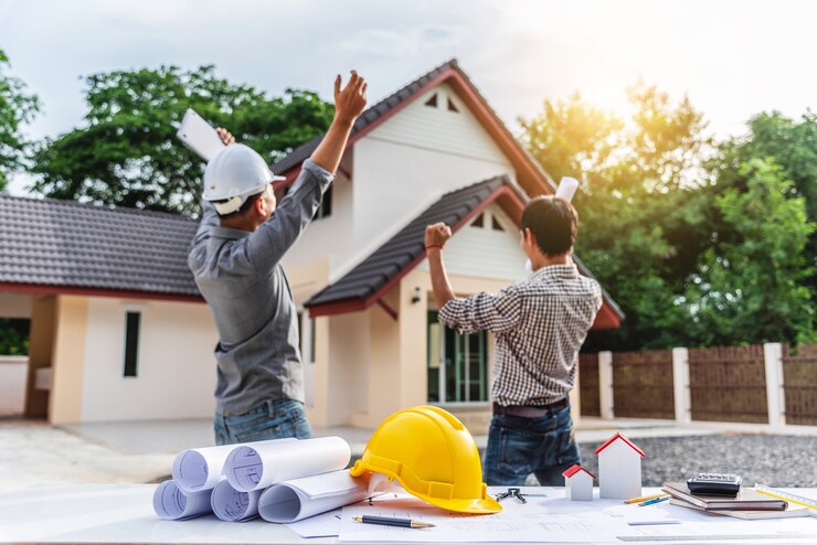 Lavoratore professionale dell'ingegnere di due uomini d'affari alla costruzione di casa.