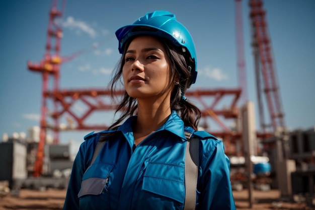 Lavoratore professionista in abbigliamento riflettente ed elmetto protettivo in piedi vista frontale