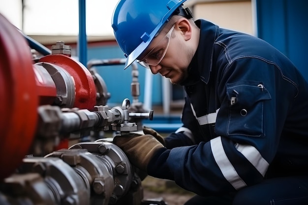 Lavoratore professionista in un impianto petrolifero e di gas che esegue la manutenzione delle pompe