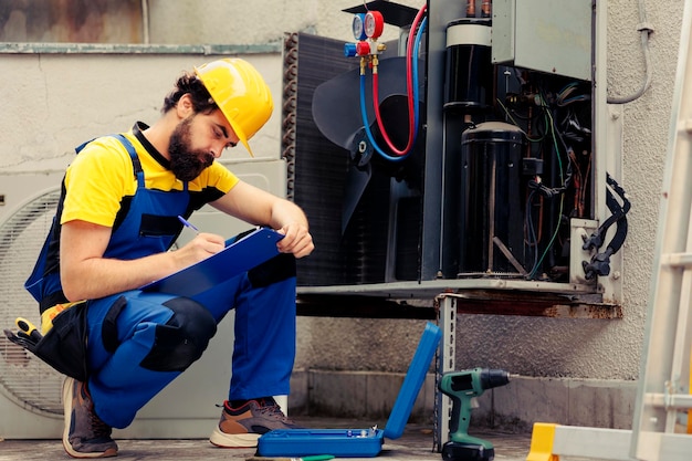 Lavoratore qualificato incaricato della manutenzione annuale dell'aria condizionata esterna, alla ricerca di parti interne rotte.