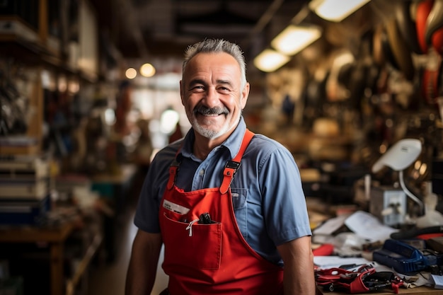 Lavoratore senior americano sorridente del negozio di ferramenta che propone nel negozio