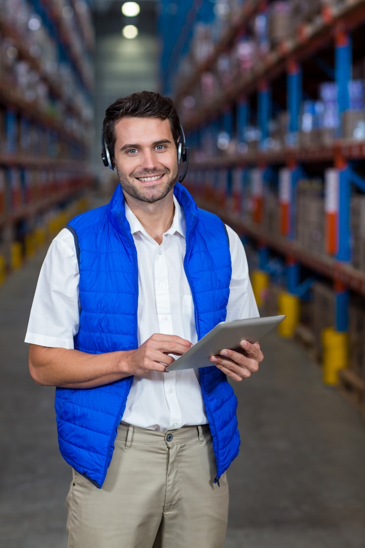 Foto lavoratore sorridente che per mezzo della compressa digitale