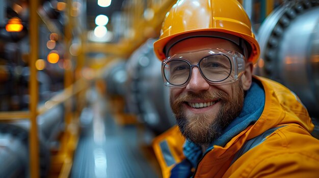 Lavoratore sorridente con attrezzature di sicurezza in un impianto industriale