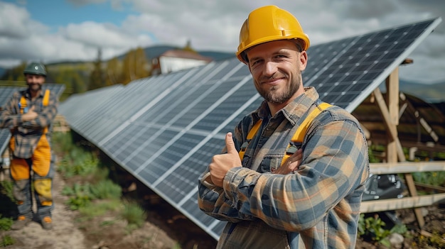 lavoratore sorridente lavoratore con casco giallo ripara e installa alcuni pannelli solari pollice in alto
