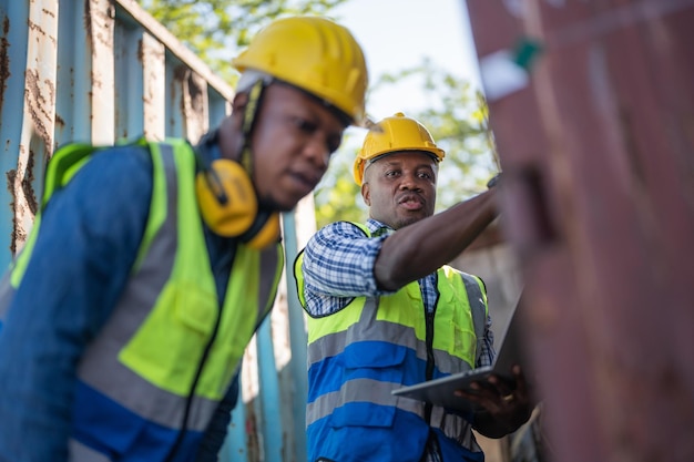 Lavoratori africani Ingegnere Tecnico in possesso di laptop per il controllo e l'ispezione dei contenitori in loco