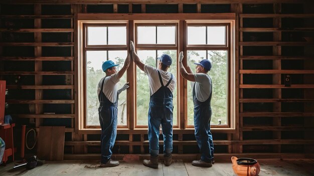 Lavoratori artigiani installano finestre in casa