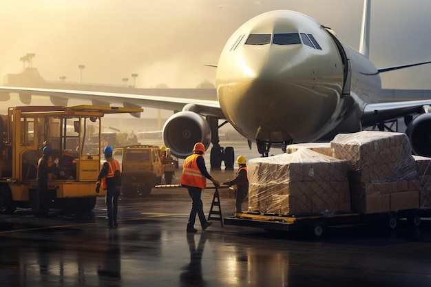 lavoratori che caricano merci su un aereo all'aeroporto.