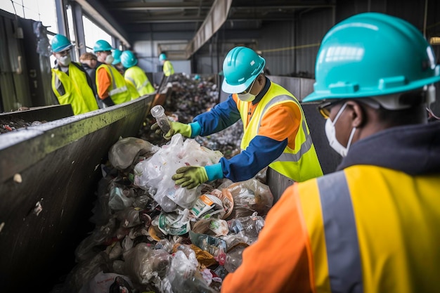 Lavoratori che classificano i materiali riciclabili sul nastro trasportatore di un'impresa moderna di riciclaggio dei rifiuti e della spazzatura
