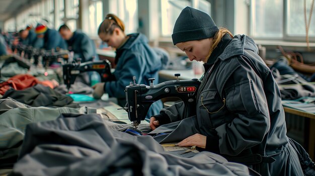 Lavoratori che fabbricano abbigliamento da lavoro in fabbrica