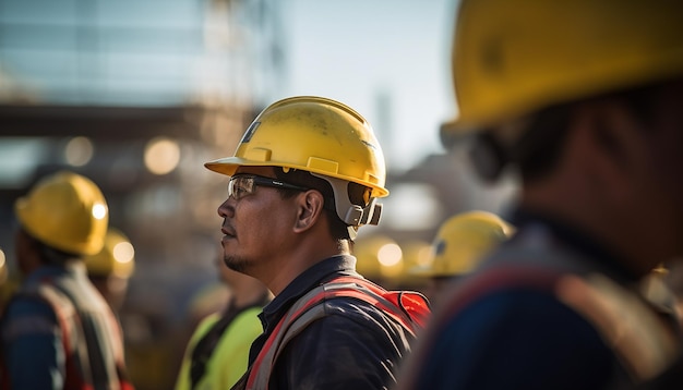 Lavoratori che indossano caschi sul cantiere