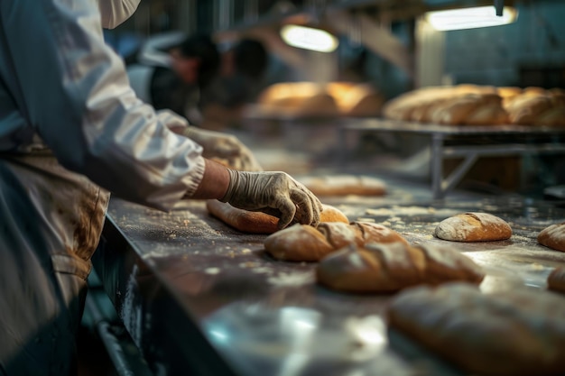 Lavoratori che lavorano in una fabbrica che prepara il pane