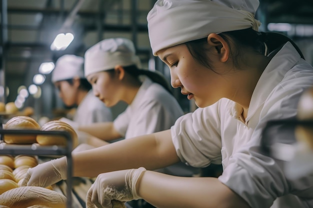 Lavoratori che lavorano in una fabbrica che prepara il pane