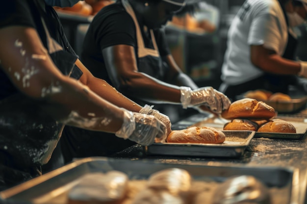 Lavoratori che lavorano in una fabbrica che prepara il pane