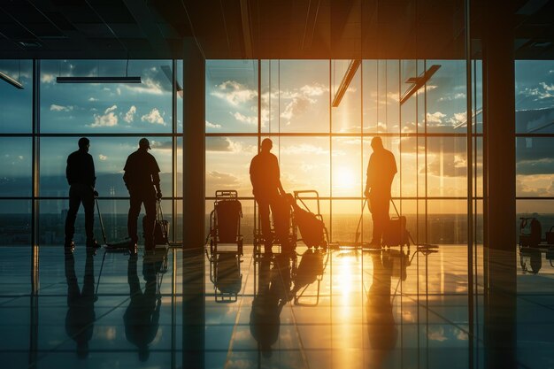 Lavoratori che puliscono l'ufficio al crepuscolo con la silhouette del sole che tramonta