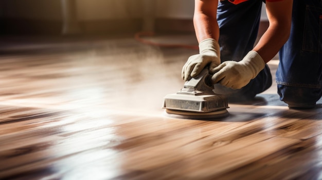 Lavoratori che rifiniscono i pavimenti durante la levigatura e la rifinitura del legno duro