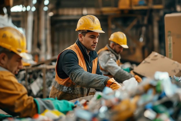 Lavoratori che selezionano la plastica all'impianto di riciclaggio