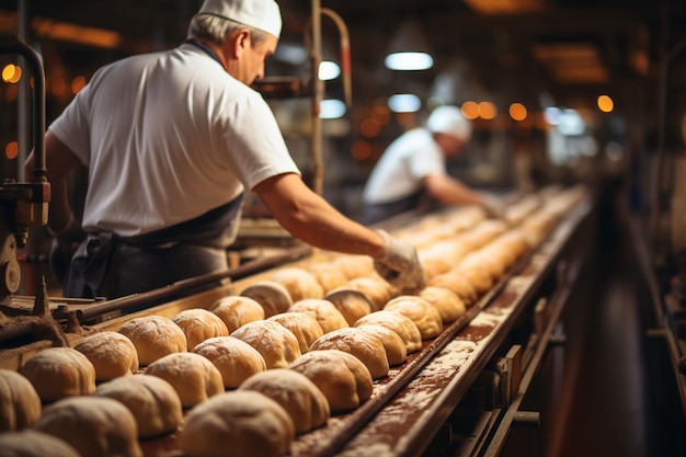 lavoratori che smistano il pane nello spazio della copia della fabbrica del forno