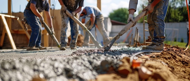 Lavoratori che versano cemento per le fondamenta lavoro di squadra precisione inizio di qualcosa di grande