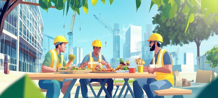 Lavoratori della costruzione che si godono un meritato pasto insieme in mezzo allo sviluppo urbano