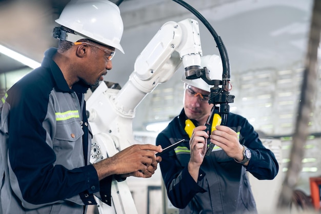 Lavoratori di fabbrica che lavorano con un abile braccio robotico in un'officina