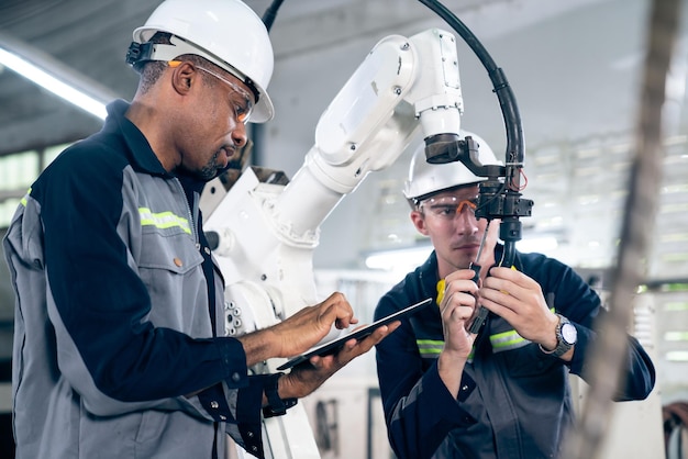 Lavoratori di fabbrica che lavorano con un abile braccio robotico in un'officina