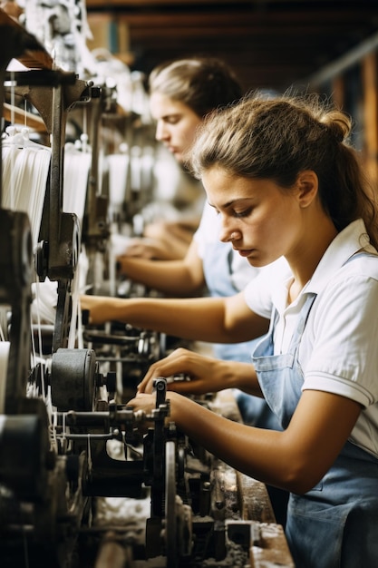 Lavoratori di fabbrica che operano una macchina da tessere d'epoca isolata su uno sfondo bianco