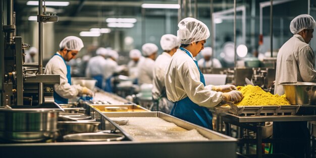 Lavoratori di fabbrica efficienti e diligenti che preparano cibo delizioso per clienti soddisfatti con generat...