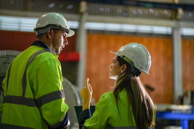 Lavoratori di ingegneria professionisti camminano e controllano il magazzino della fabbrica