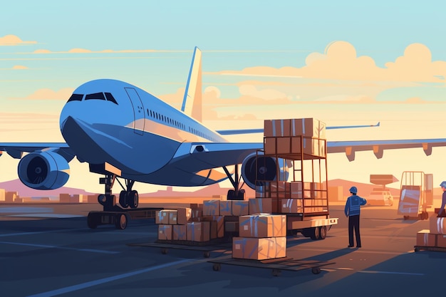lavoratori di magazzino vettoriale che caricano scatole in aerei cargo aerei cargo internazionali