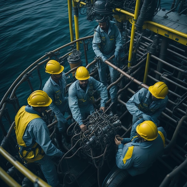 Lavoratori di petrolio e gas su una piattaforma in mezzo all'oceano che indossano equipaggiamento di sicurezza completo