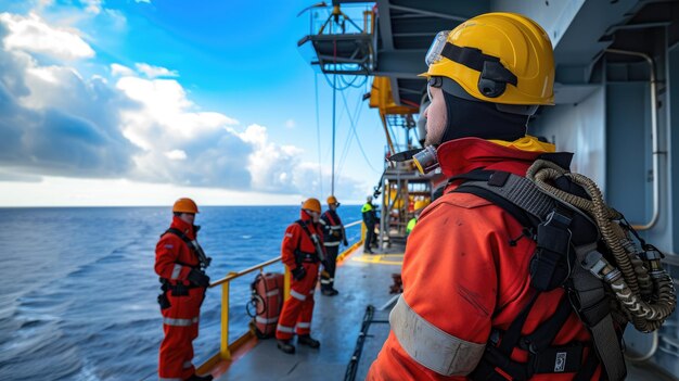 Lavoratori di piattaforme oceaniche su piattaforme acquatiche che indossano caschi per la protezione AIG41