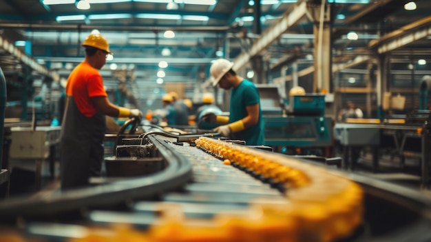 Lavoratori di una fabbrica di costruzione assemblano macchinari su un nastro trasportatore