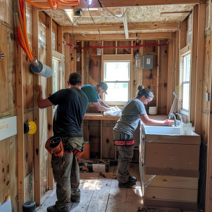 Foto lavoratori edili che ristrutturano l'interno di una casa, installano apparecchiature e lavorano a progetti elettrici e idraulici