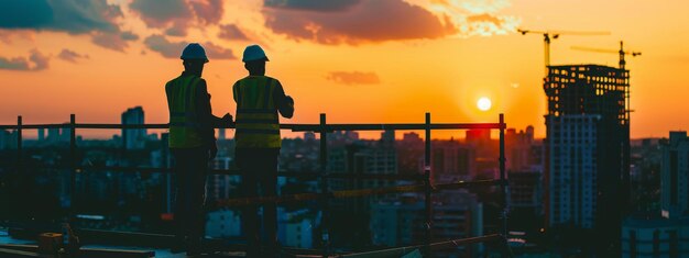 Lavoratori edili in giubbotto e casco in piedi sul sito di costruzione paesaggio cittadino con il tramonto sul retro