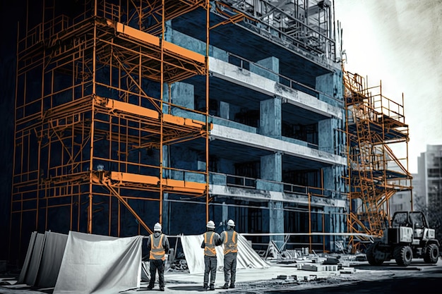 Lavoratori edili in loco all'esterno dell'edificio in corso con impalcature vicino all'edificio creato con spirito