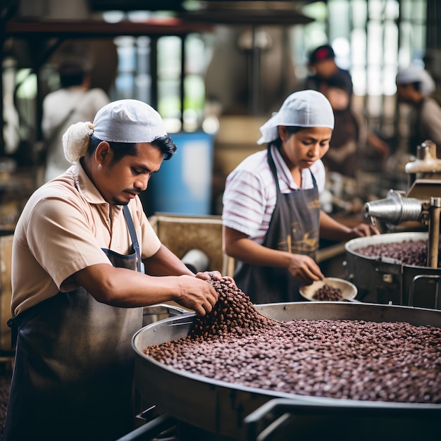 Lavoratori in un impianto di torrefazione e confezionamento dei chicchi di caffè